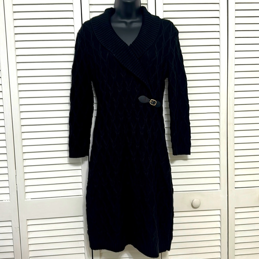 4 Ellen Tracy Medium Black Bodycon Midi Crisscross Diamond Cable Sweater Dress